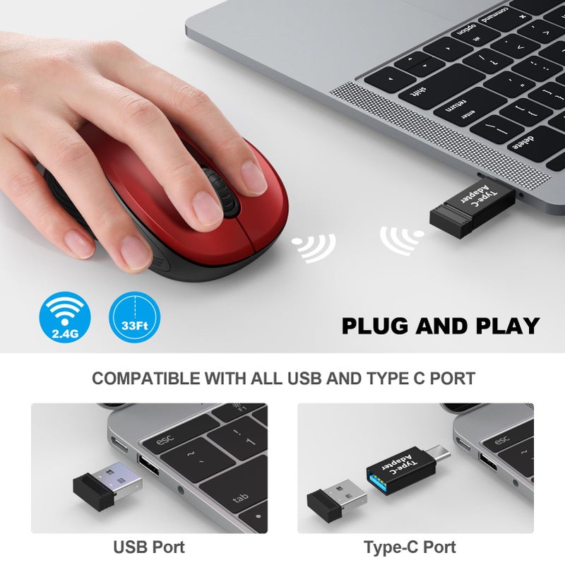 WisFox 2.4G Wireless Mouse for Laptop, Ergonomic Computer Mouse with USB Receiver and Type-C Adapter, 6 Button Cordless Mouse Wireless Mice for Windows Mac PC Notebook (Red) - Image 2